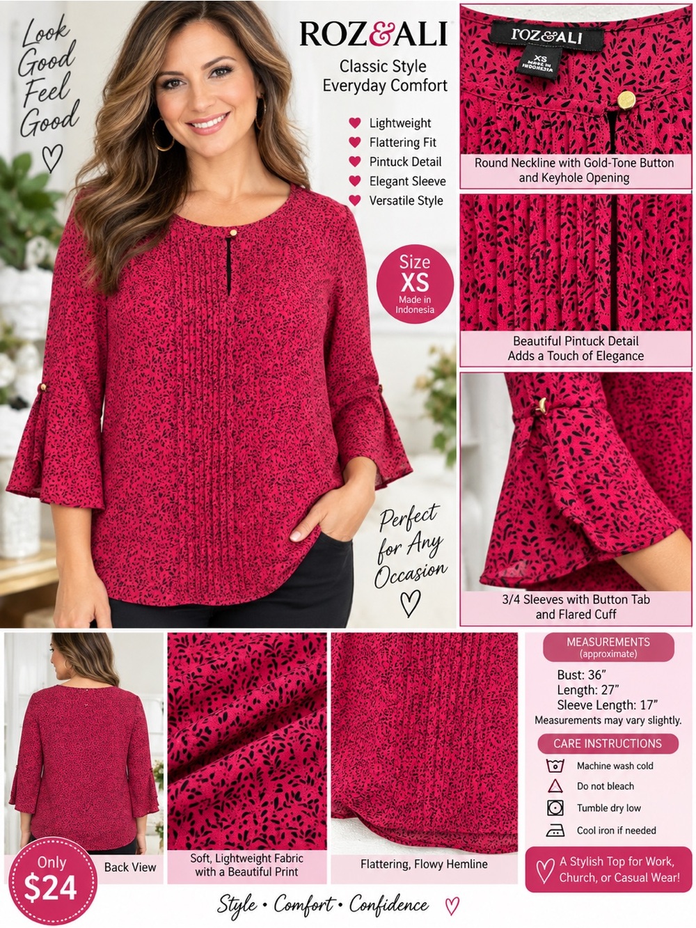 Roz & Ali Red Pintuck Blouse with Black Speckle Print